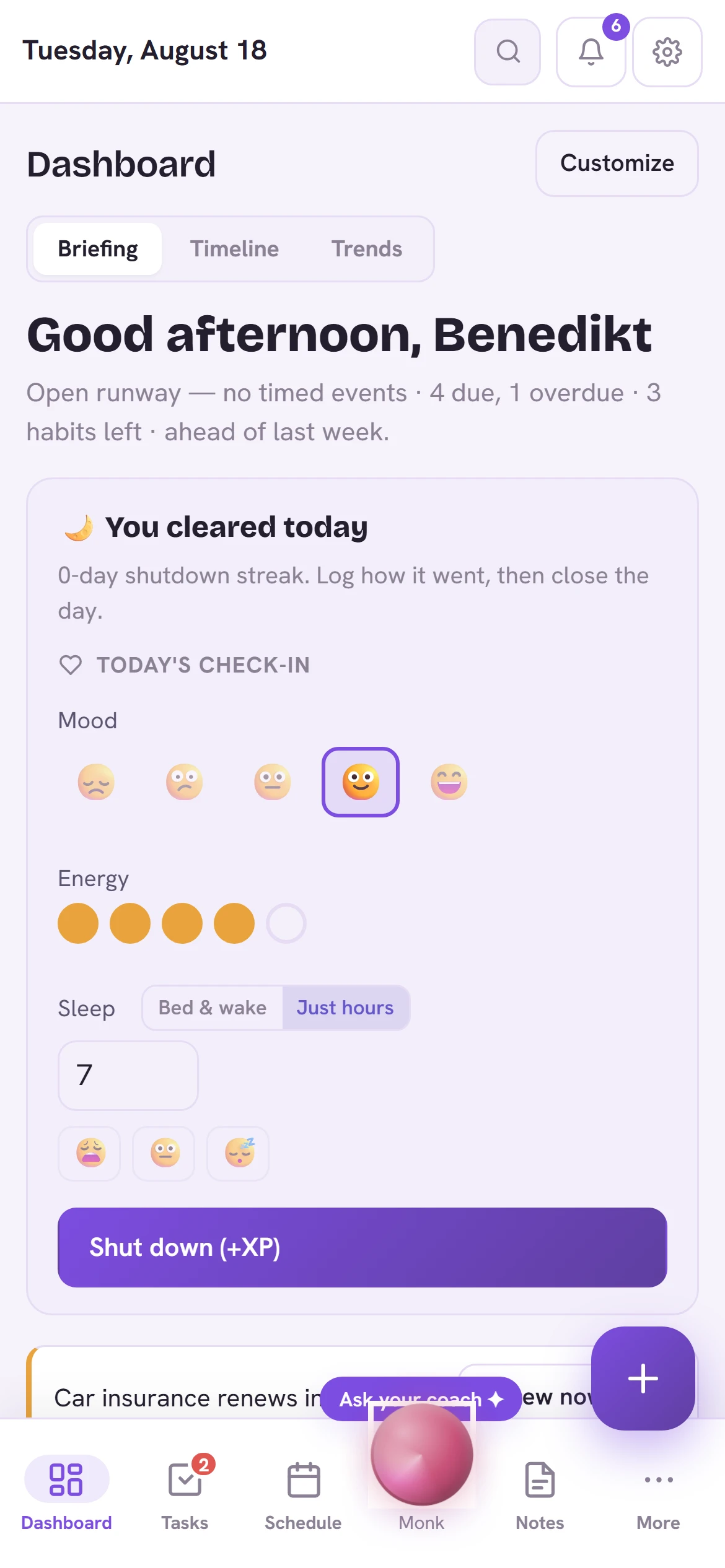 Tendril on mobile — the day’s briefing and check-in above the bottom tab bar