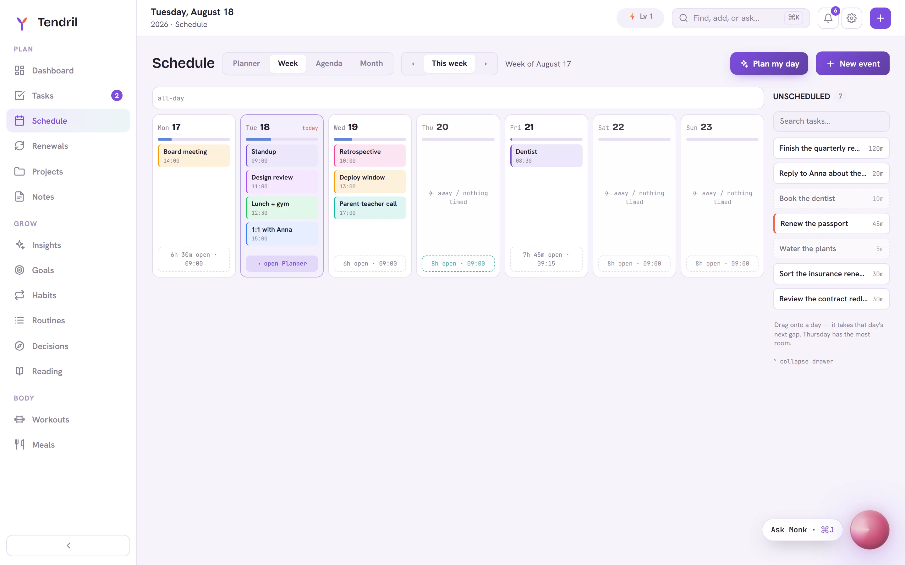 Tendril schedule — a week of colour-coded events beside a tray of unscheduled tasks with durations